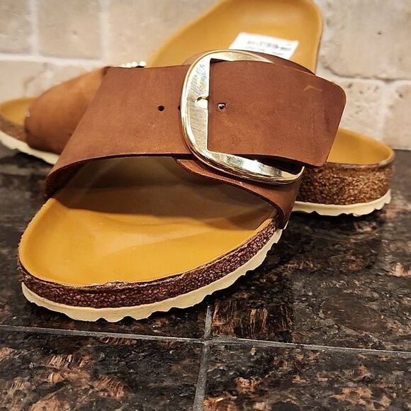 Birkenstock Brown Slide Sandals with Gold Buckle SIZE 39 - Picture 9 of 13